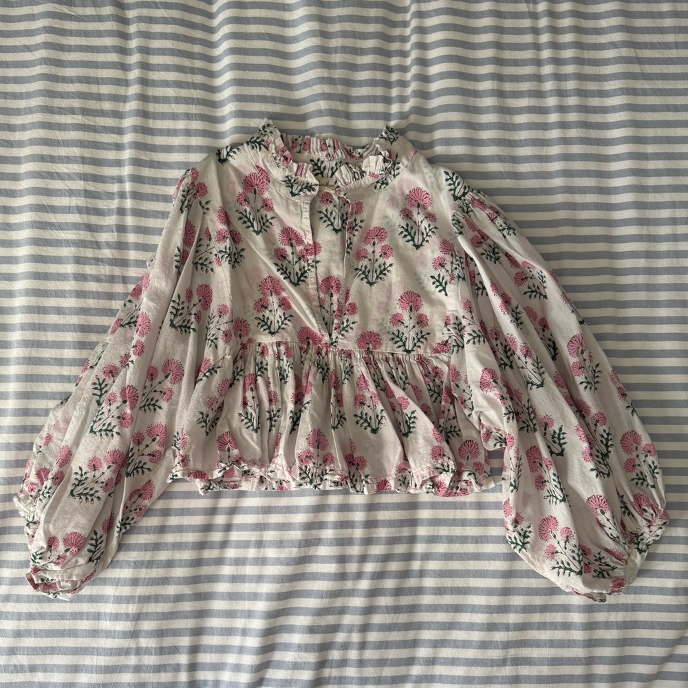 Elegant Floral Blouse with Pink and Green Accents